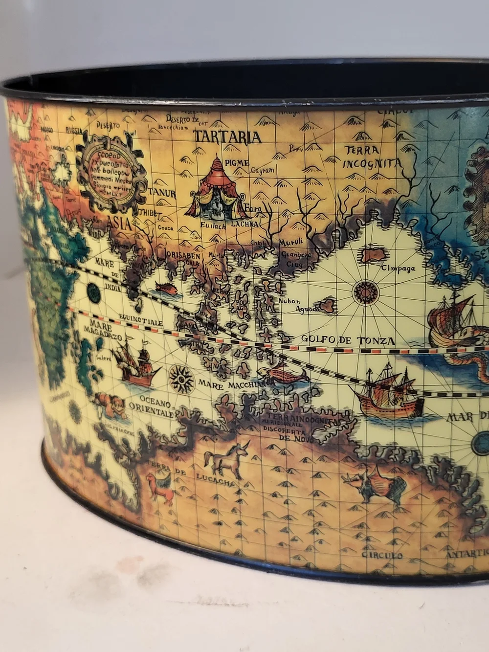 Mid-Century Tin Litho Old World Map 2pc Desk Set Japan